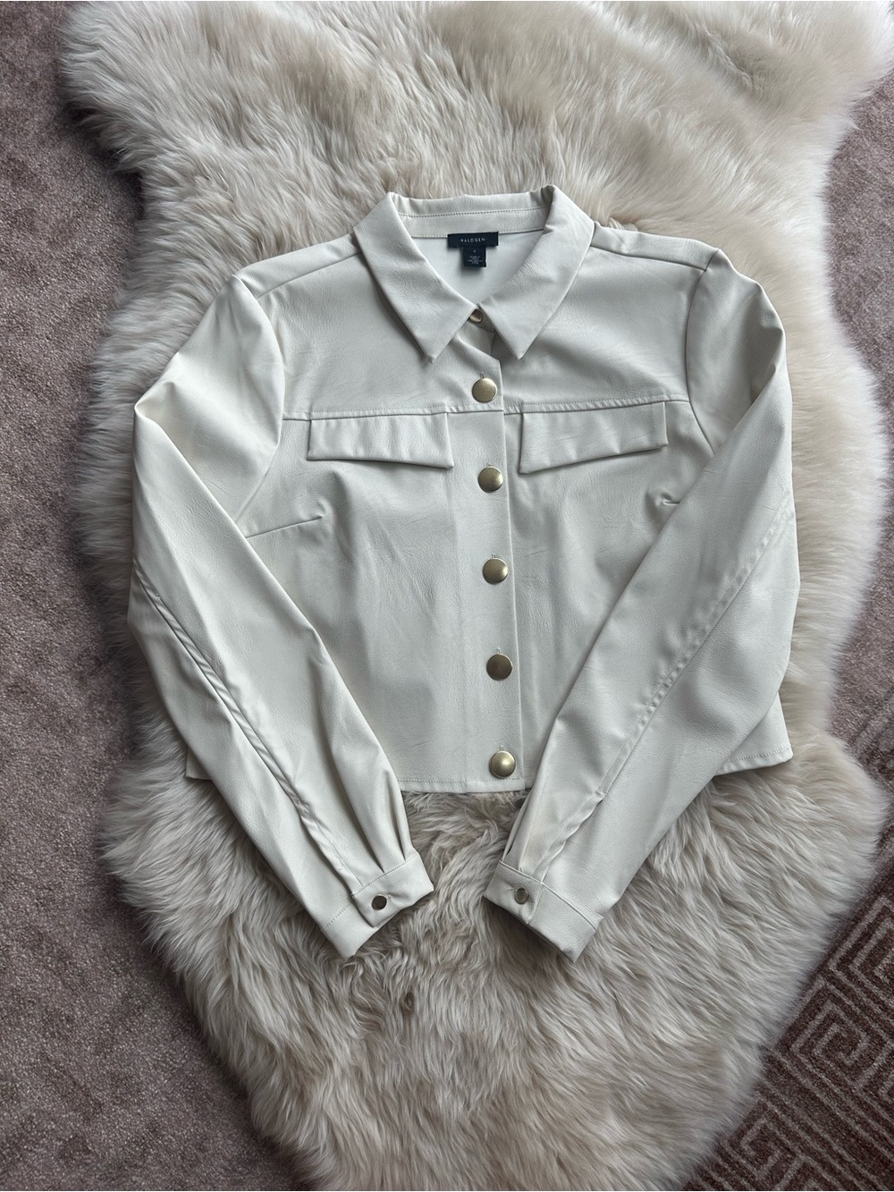 Halogen Cream Cropped Jean Jacket with Gold Buttons